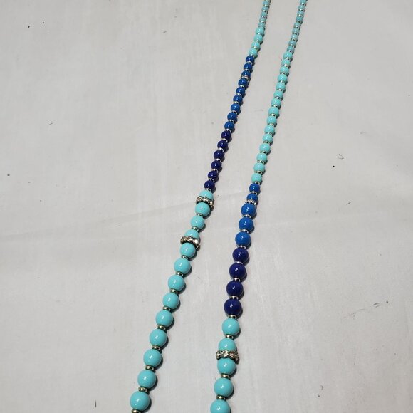 Ann Taylor Necklace, Multiple Shades Blue Beads W/Gold tone Crystal Rhinestone - Picture 6 of 13